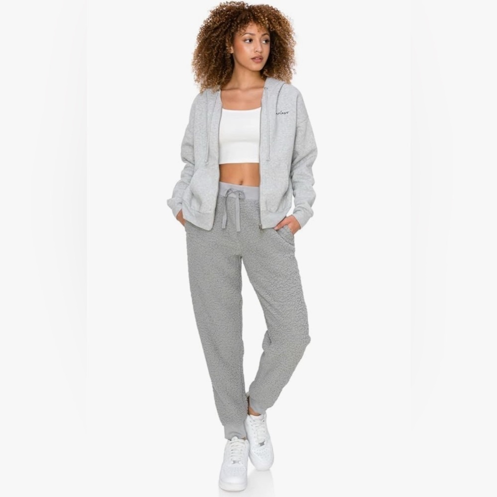 Cali1850 Sherpa Jogger Sweatpants Drawstring Waistband Soft Comfy Grey Size M